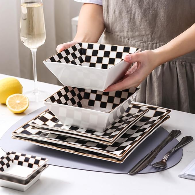 Porlien Checker Porcelain Square Dinnerware Set for 4 Dishes Set for 4 with 3.3-inch Dipping Saucers Black and White Plates and Bowls Set