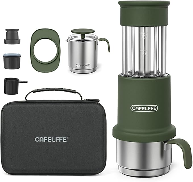EasytoClean Portable Coffee Maker Set 3-in-1 Design with Capsule &amp Ground Coffee Compatibility Milk Frothing Pitcher Ideal for Traveling Camping Hiking (Green)