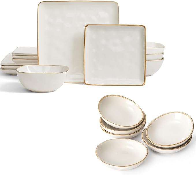 Famiware Ocean Square 12 Pieces Dinnerware Set + 6 Pieces Oval Dipping Bowl Set Microwave and Dishwasher Safe Vanilla White