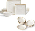 Famiware Ocean Square 12 Pieces Dinnerware Set + 6 Pieces Oval Dipping Bowl Set Microwave and Dishwasher Safe Vanilla White
