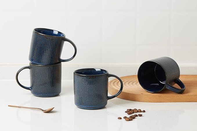 Famiware Dinnerware Set for 4 (12 Piece) and 12oz Mug Set and 3oz Espresso Cups and Saucers Set- Star Stoneware Dishes - Nebulas Blue