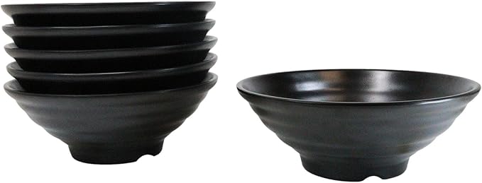 Ebros Gift Contemporary Ridged Matte Black Melamine Series Dinnerware Serveware Kitchenware Set Japanese Chinese Restaurant Supply (Pack Of 6 Large Round Ramen Soup Pasta Salad Bowls 48oz)
