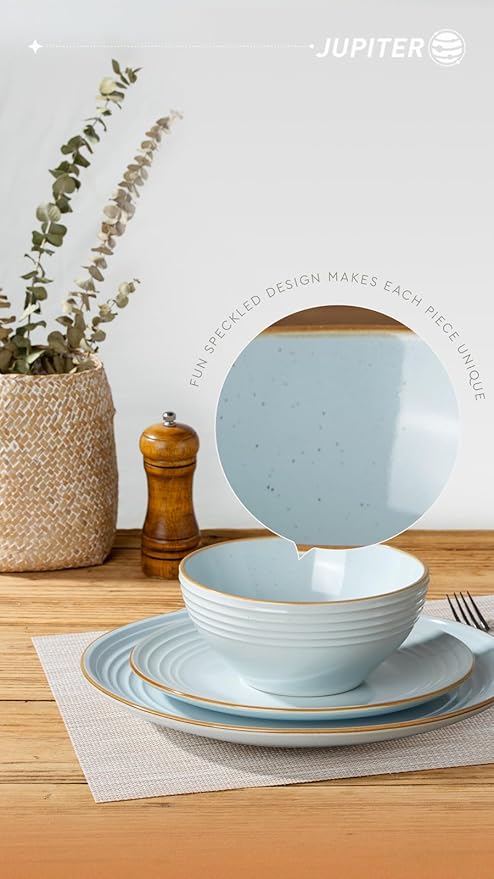 Famiware Jupiter Plates and Bowls Set with Coffee Mugs Set 16 Pieces Dinnerware Sets Light Blue