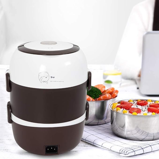 Electric Lunch Box Rice Cooker- 3 Layers 2L Portable Rice Food Heater Warmer w/Steaming Rack Stainless Steel Food Steamer for Office Home To-go Food 110V