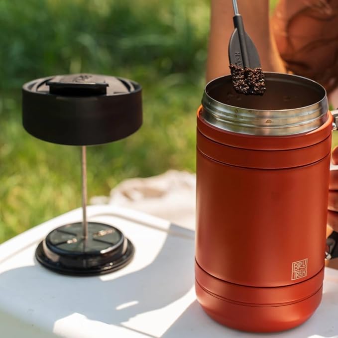 BruTrek® by Planetary Design BaseCamp Coffee Press - Double Wall Insulated Stainless Steel - Bru-Stop Technology No Grounds in Coffee No Spill Lid (Red Rock 48 fl.oz)