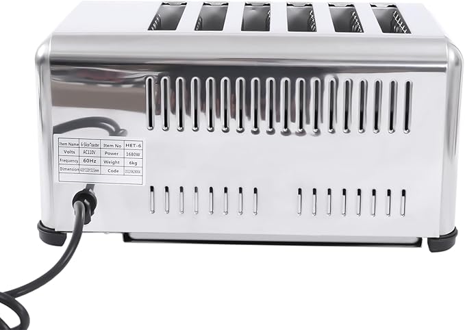 1680W 6 Slice Toaster Commercial Cool Touch Toaster Stainless Steel Electric Bread Baking Machine with Timing Function &amp Drawer-type Crumb Tray for Home Restaurant Bakery Silver
