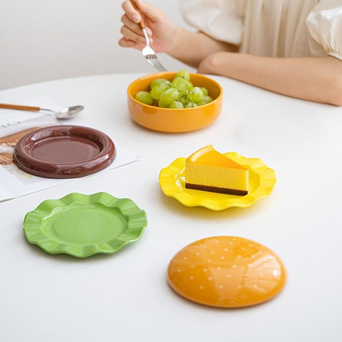 Hamburger Plate Set Ceramic Hamburger Plates And Bowls Sets 5-Piece Novelty Stackable Burger Dinnerware Set Cute Hamburg Style Dessert Plates Dishwasher Safety (Large-6.5x6.5x5.31 in)
