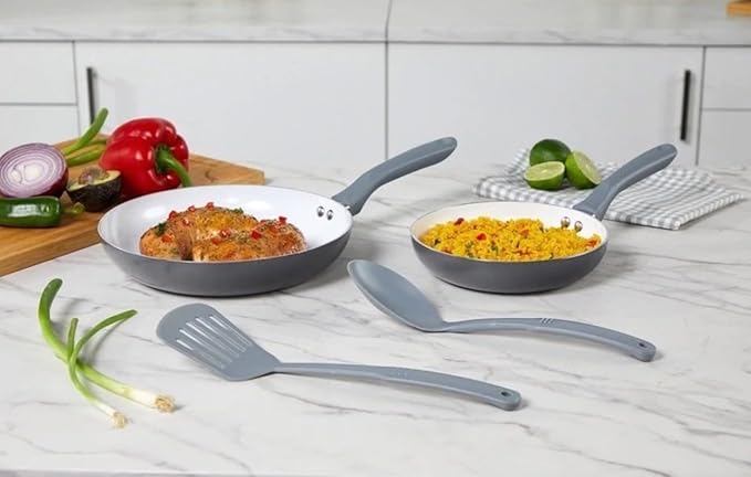 Nonstick Ceramic Cookware Set 4-Piece Fry Pans with Turner and Spoon Black Kitchen Tools