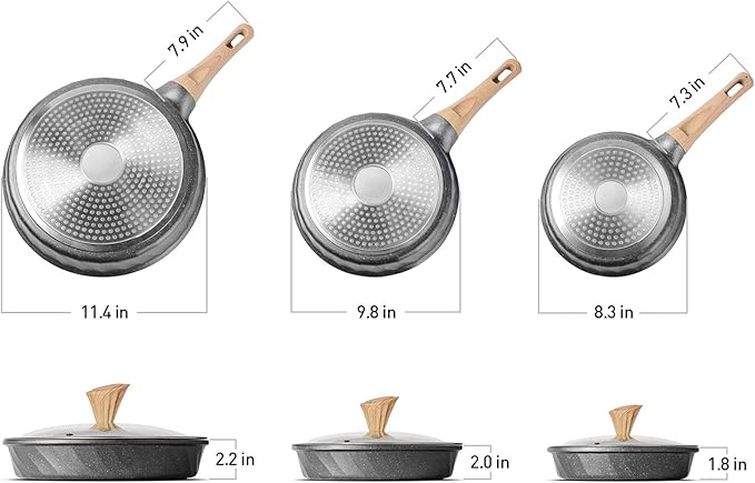 YIIFEEO Non Stick Frying Pan Set - Stone Skillet Set Kitchen Omelette Pans Induction Chef' Pan Grainte Cookware Set Nonstick Frying Pans with Lid(8inch&amp9.5inch&amp11inch)
