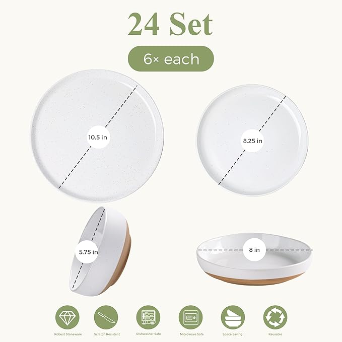 GBHOME 24-Piece Ceramic Dinnerware Set for 6 Handpainted Plates Pasta Bowls &amp Bowls Set with Rustic Terracotta Underside Scratch-Resistant Dishwasher &amp Microwave SafeSpeckled Glaze White