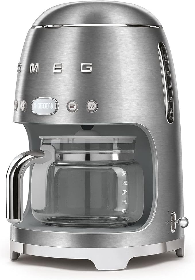 Smeg DCF02SSUK Drip Coffee Machine Auto-Start Mode Reuseable Filter Digital Display Anti-Drip System Aroma Intensity Option 1.4 Litre Tank Stainless Steel