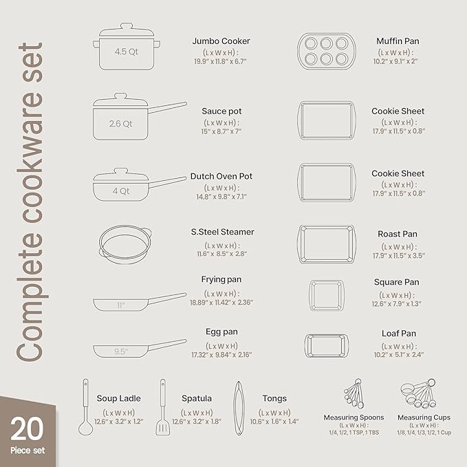Bakken Master 20 Piece Cookware Set - Pots and Pans with Handle Grips and Tempered Glass Lids With 6-piece Bakeware Set Nonstick Granite Coating Ceramic Max Temperature (Up To 500°F) Brown Marble