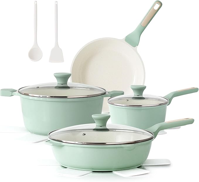 SENSARTE Nonstick Ceramic Cookware Set Large 13-Piece Healthy Pots and Pans Set Dishwasher Safe Non-toxic Kitchen Cooking Set with Stay-Cool Handles Induction Compatible PFAS Free Green