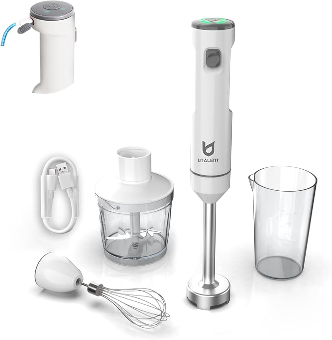Cordless Hand Blender UTALENT Variable Speed Immersion Blender Rechargeable with 500ml Chopper 600ml container Egg Whisk for Smoothies Baby Food and Soups – White