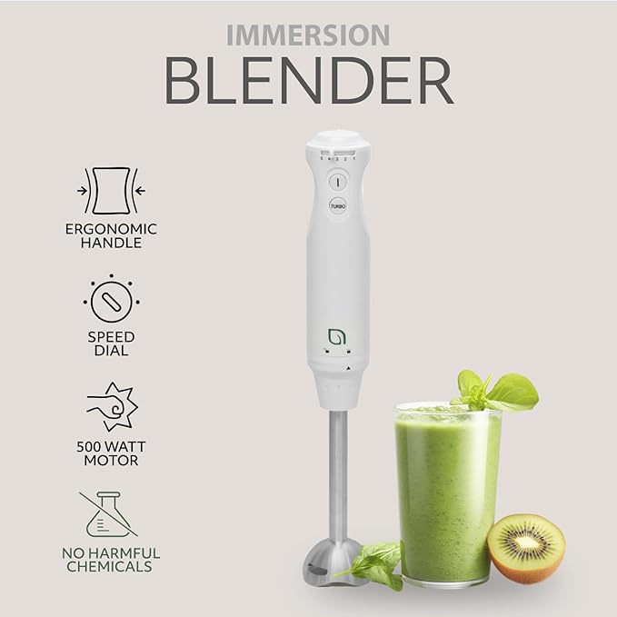 WILLOW Eco Series 5 Speed Immersion Blender Handheld Powerful yet Quiet 500 Watt Electric Stick Blender with Turbo Mode &amp Removable Base Hand Blender for Soup Smoothie 304 Stainless Steel - WH
