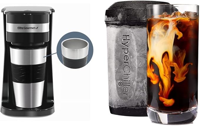 Elite Gourmet EHC111A 14oz Single-Serve Compact Coffee Maker Stainless Steel Mug + HyperChiller HC2 Patented 12.5Oz Instant Coffee/Beverage Cooler Chiller Iced Tea Wine Spirits Juice Black