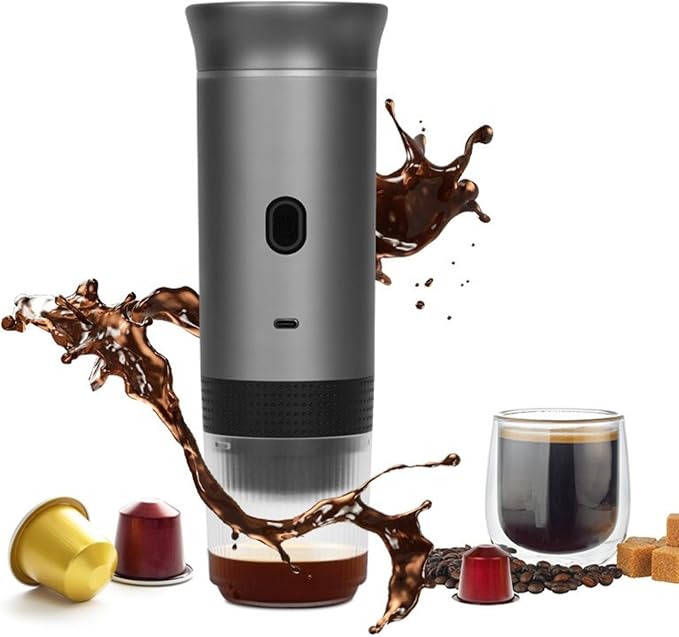 Portable Espresso Machine Wireless Electric 3-in-1 Coffee Maker with Self-Heating 20Bar Compatible with Large/Small Capsules &amp Ground Coffee Ideal for Camping Office Travel (Grey)