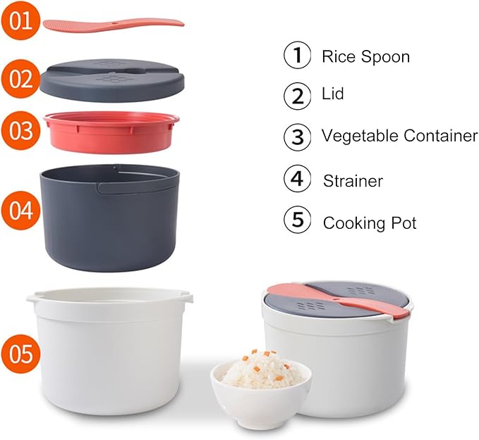 SUNGOOYUE Microwave Rice Cooker 2L PP Steamer with Steaming Tray for Rice Vegetables Pasta Quinoa Mess Free Design for Dorm Kitchen
