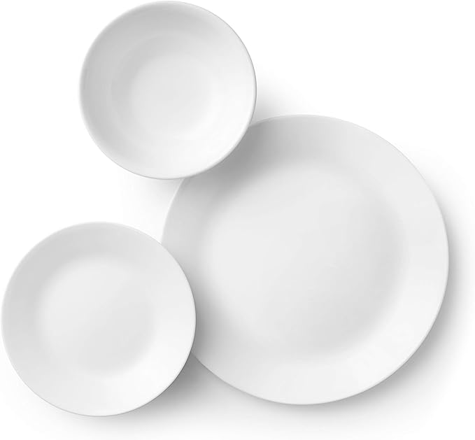 Corelle Vitrelle 18-Piece Service for 6 Dinnerware Set Triple Layer Glass and Chip Resistant Lightweight Round Plates and Bowls Set Winter Frost White