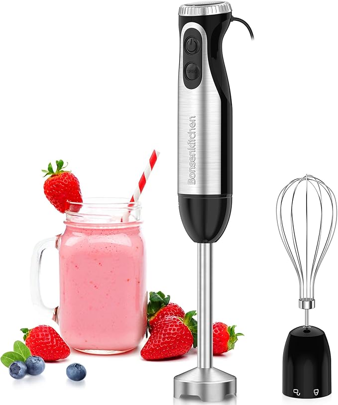 Bonsenkitchen Immersion Handheld Blender with Whisk 20-Speed &amp Turbo Mode Hand Blender Stick 500W 304 Stainless Steel Hand Blender for Soup Smoothie Puree Baby Food