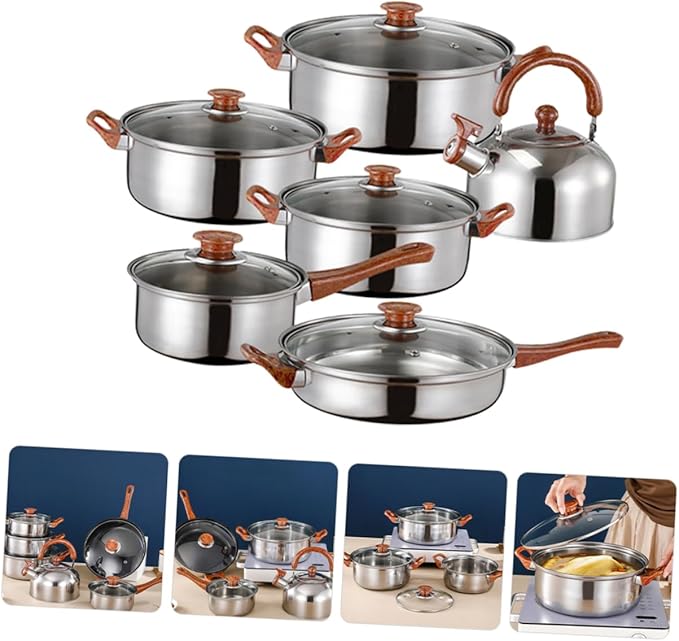 Ciieeo Stainless Steel Cookware Set Heavy-duty Kitchen Cooking Pots and Pans Includes Frying Pan Soup Pot for Everyday Use and Camping
