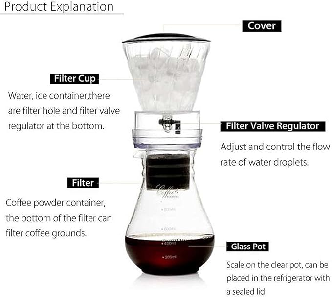 HASMI Coffee Kettle Coffee Pot Glass Cold Ice Water Drip Coffee Maker Brew Pot Dripper Coffeemaker Coffee Kettle Perfect for Coffee Lover 800Ml Coffee Maker Dingzhebo2022
