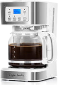 Taylor Swoden 12-Cup Programmable Coffee Maker Regular &amp Strong Brew Drip Coffee Machine for Home and Office Glass Carafe Pause &amp Serve Auto Shut Off White &amp Stainless Steel