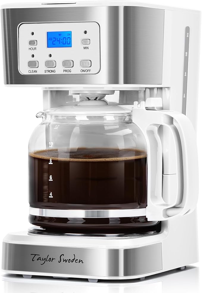 Taylor Swoden 12-Cup Programmable Coffee Maker Regular &amp Strong Brew Drip Coffee Machine for Home and Office Glass Carafe Pause &amp Serve Auto Shut Off White &amp Stainless Steel