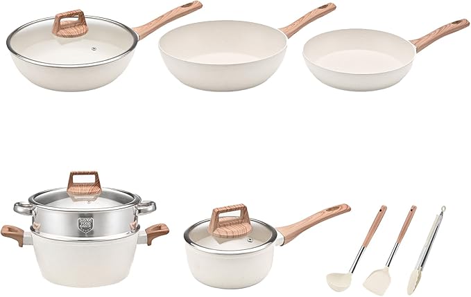 10 Piece Nonstick Cookware Set Frying Pan Saucepan Saute Pan Steam Rack Sturdy Scratch Resistant Coating Even Heat Distribution Modern Design for Home Cooks (White)