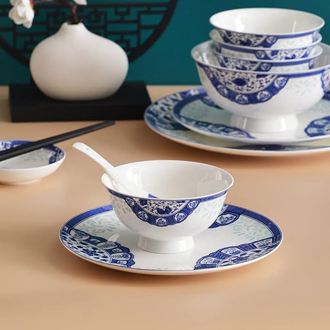 Creativity Ceramic Dinner Plate Sets 58 Piece Dinnerware Set Service for 6-8 Blue and White Pattern Bone China Bowls and Dish Set