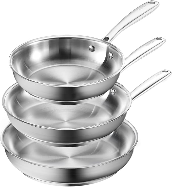 Redchef Stainless Steel Frying Pan Set Induction Kitchen Cookware Set Non-Toxic Uncoated Skillets for Searing &amp Cooking Oven Safe Stainless Steel Cookware Set 3-Piece (8 9.5 11)