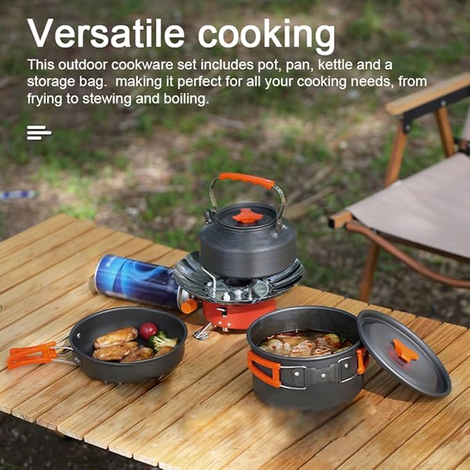 EVTSCAN Camping Hiking Cookware Set Outdoor Portable Picnic Cookware Kit Alumina Pot Frying Pan Set Travel Cooking Accessory