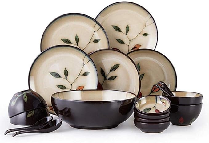 Dinner Plates Pottery Tableware Shabby Vintage Leaf Pattern Porcelain Dinnerware Set 18 Pieces Plates Bowls Combination