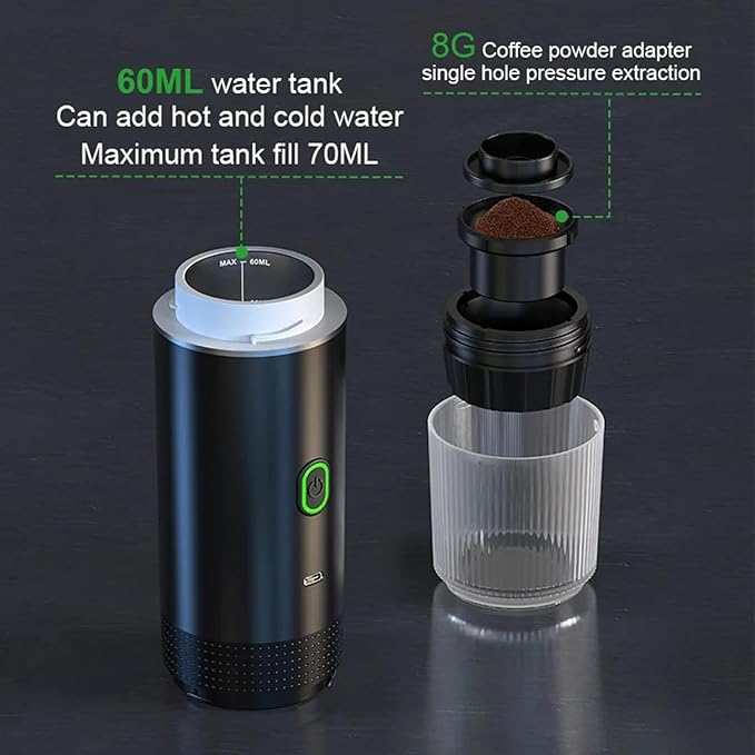 Portable Electric Espresso Coffee MakerSelf-Heating Car Espresso Maker3-in-1 Espresso Makerfor Camping RV Travel Office (silvery)