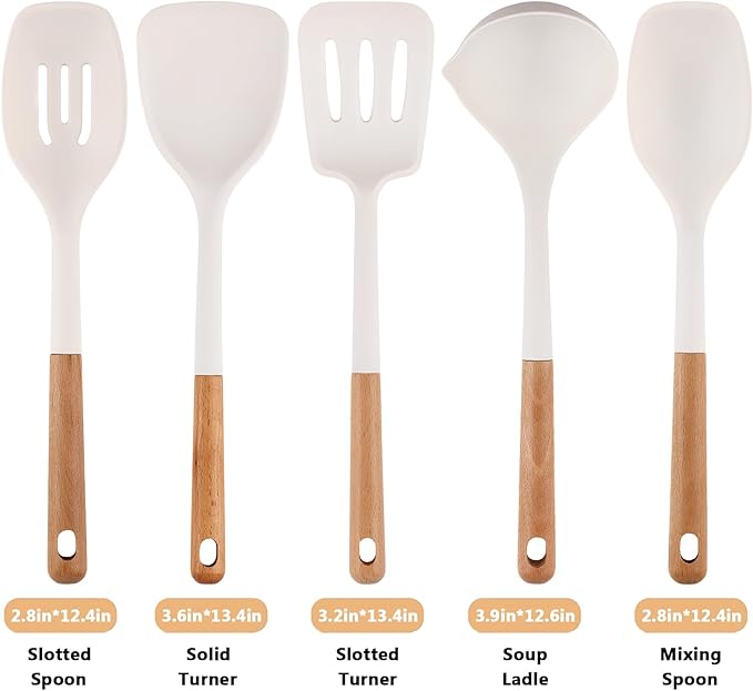 Silicone Cooking Utensils Set 5 Pcs Large Non-Stick Kitchen Utensils Set Wooden Handle Heat Resistance Turner Soup Ladle Spoon Silicone Cooking Kitchen Gadgets BPA Free for Nonstick Cookware