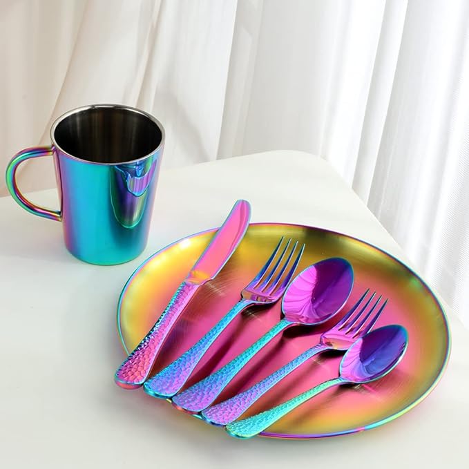 28-Piece Rainbow Dinnerware Set for 4 Stainless Steel Dinner Plate Set Service for 4 Silverware Set with Coffee Cups