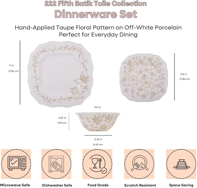 222 Fifth 12-Piece Porcelain Dinnerware Set for 4 Glossy Cream Plates and Bowls Set with Taupe Flowers Elegant Square Ceramic Dish Set Kitchen Tableware Microwave &amp Dishwasher Safe Batik Toil