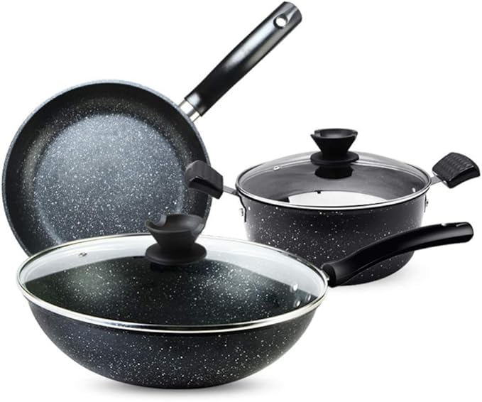 3 Pc Cookware Set Non Stick Coating with Tempered Glass Cover Non-scalding HandleCan be Used for Induction Cooker GasEasy to Clean Saute Pans Variety Pack
