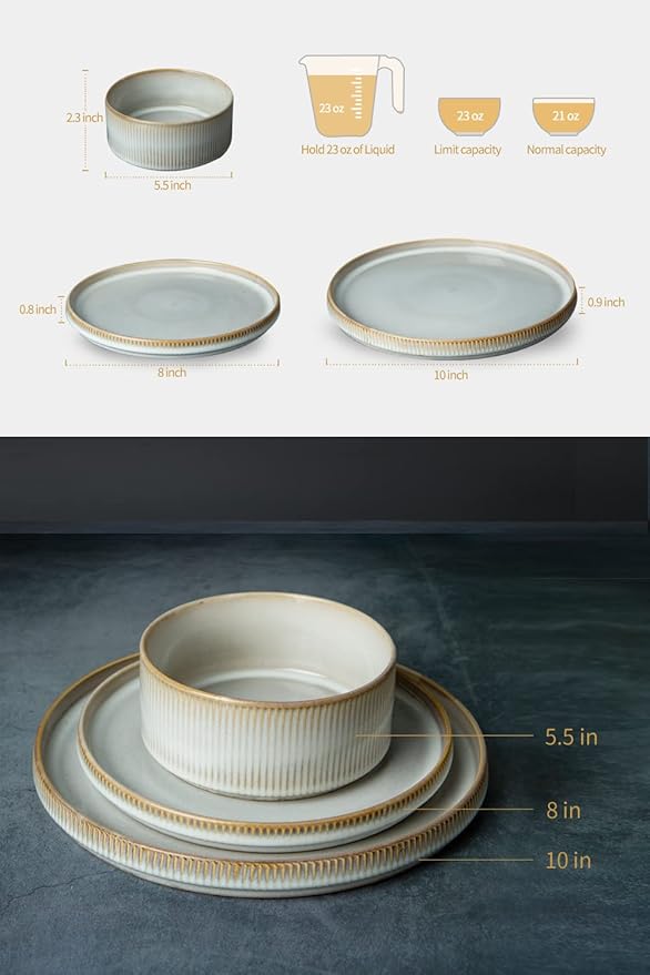 Famiware Dinnerware Set - 26 Piece (12 Dinnerware 4 Pasta Bowls 6 Dipping Bowls) - Star Stoneware Dishes - Cappuccino White