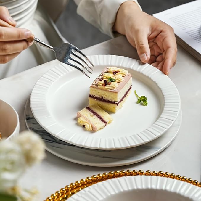 24-Piece White Ceramic Dinnerware Set - Rhine Series Service for 6 Includes Bowls Flat &amp Deep Plates Microwave &amp Dishwasher Safe