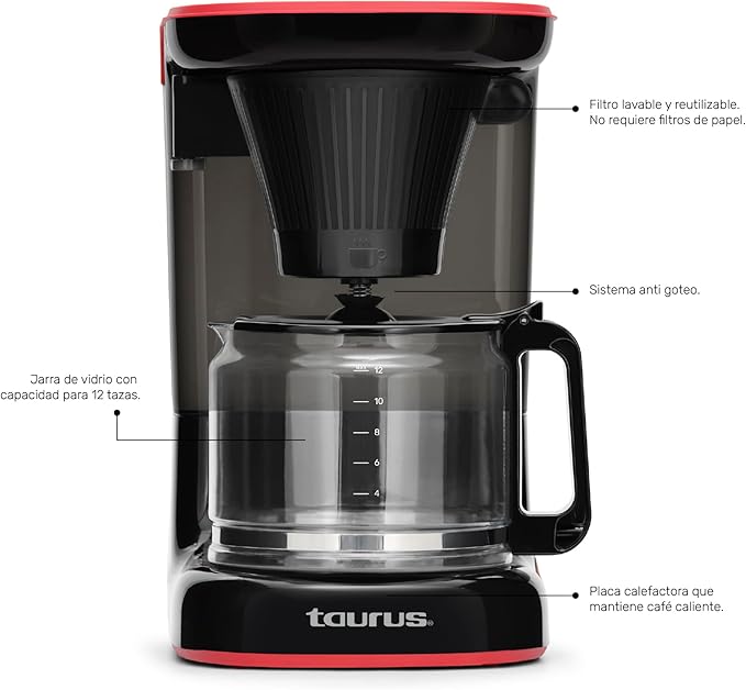 Taurus Velvet 12-Cup Drip Coffee Maker Glass Carafe Modern Compact Design Non-Programmable Easy-Clean Reusable Filter Auto Shut-Off Black