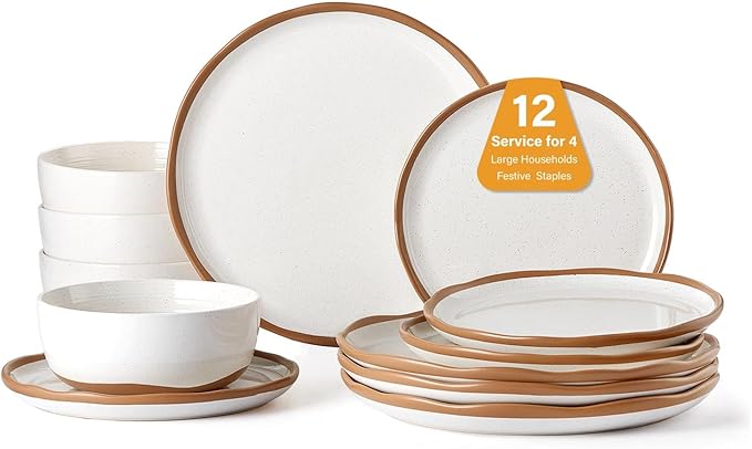 Lareina Plates and Bowls Set 12 Pieces Farmhouse Ceramic Dinnerware Sets Scratch Resistance Dishwasher Microwave Safe Vanilla White