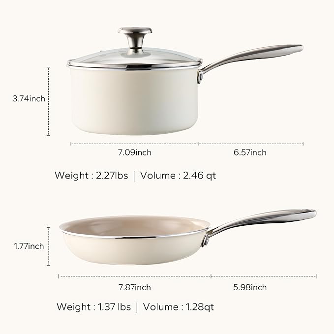 Redchef Nonstick Mini Cookware Set 8Ceramic Fry Pan 2.5Qt Saucepan with Lid Pots and Pans Set Saucepan Frying Pan Set Induction Compatible Oven Dishwasher Safe PTFE &amp PFOA Free Beige &amp