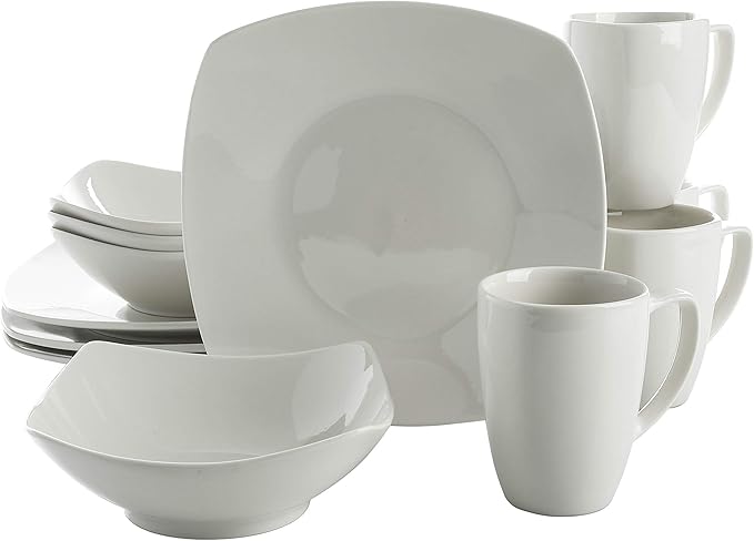 Gibson Home Amelia Court Porcelain Chip and Scratch Resistant Dinnerware set Service for 4 (12pcs) White (Soft Square)