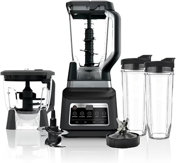 Professional Kitchen System 1400W Blender 8-Cup Food Processor Auto-iQ 72oz Pitcher 2 Single-Serve Cups