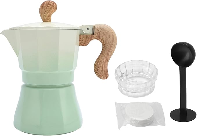 JTLB Italian Coffee Maker 150ml Single Valve Coffee Pot with Coffee Distributor Spoon Paper Filter 3 Cups (Gradient Green)