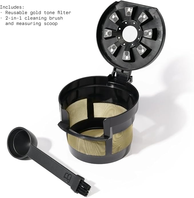 Perfect Grind Single Serve Coffee Maker built-in grinder 6 sizes 3 strengths pod-free reusable filter 64oz reservoir touch display hot &amp iced brew. (Black Sesame)