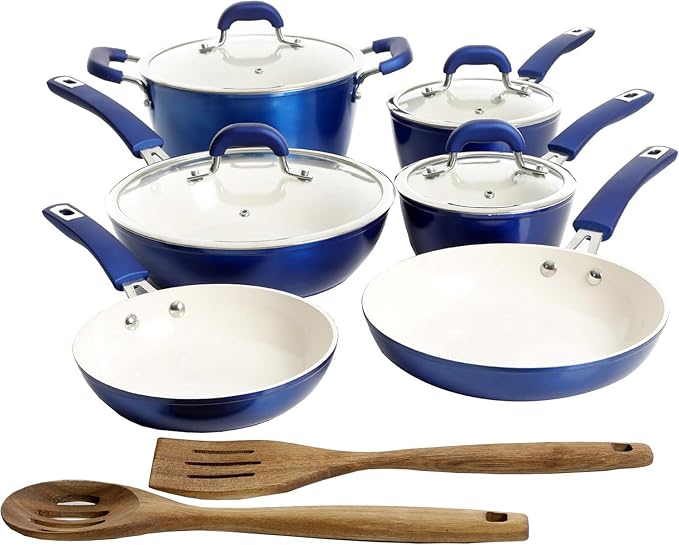 12-Piece Ceramic Nonstick Cookware Set – Aluminum Pots and Pans with Induction-Ready Base Healthy Non-Toxic Cooking Surface Oven Safe Metallic Red and Blue (Blue)