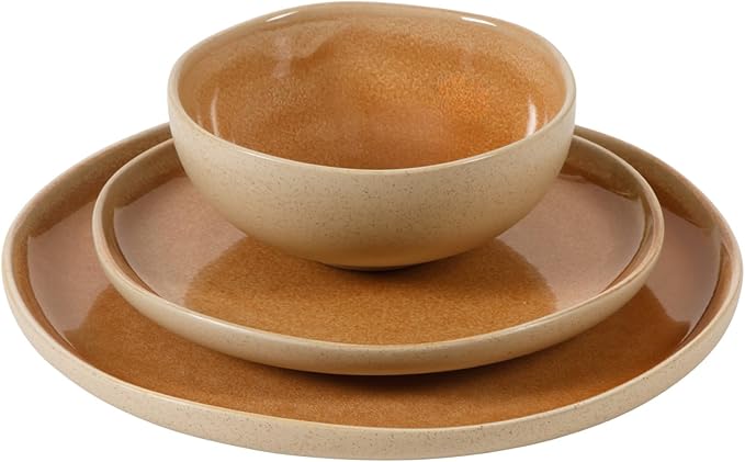 Gibson Elite Manila Bay 12-Piece Stoneware Dinnerware Set Service for 4 Reactive Glaze Modern Artisan Plates Bowls &amp Mugs Orange Round Design