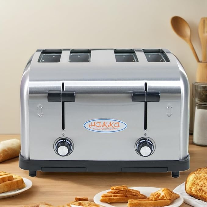 Hakka Toaster 4 Slice Heavy-Duty Stainless Steel Toasters Commercial Toaster with Extra Wide Slots Auto Pop-up &amp Removable Crumb Tray 1800W/110V